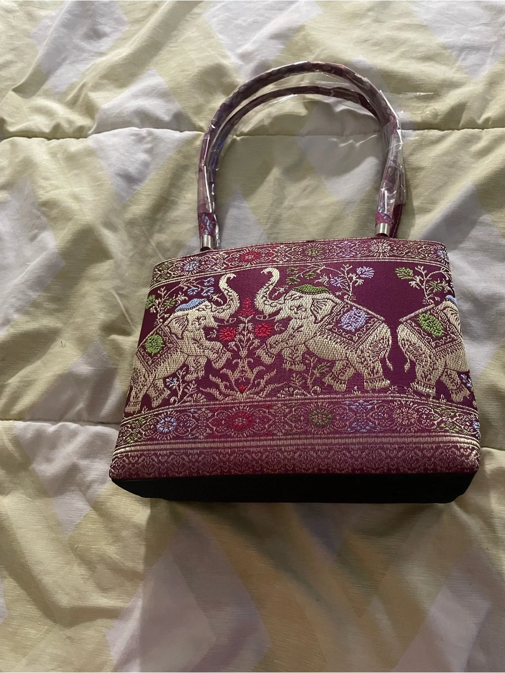 Embroidered Elephant Tote in Burgundy with Gold Accents Thai style